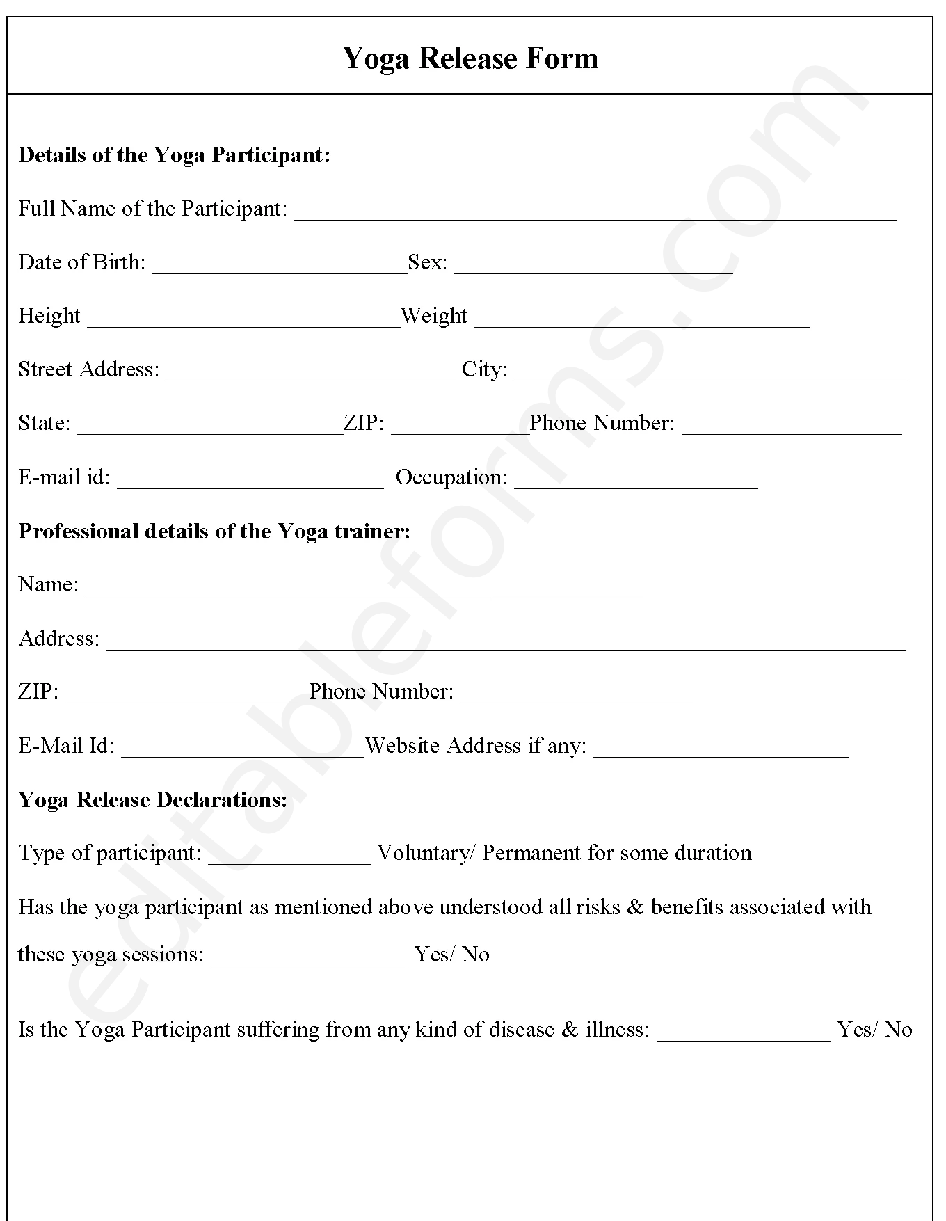 Yoga Release Fillable PDF Template