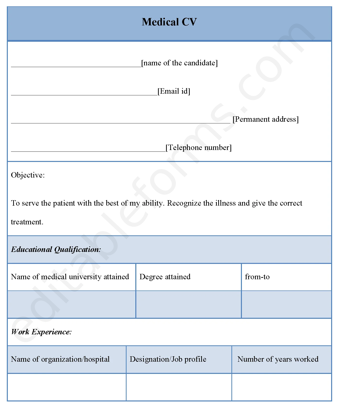 Medical CV Fillable PDF Template
