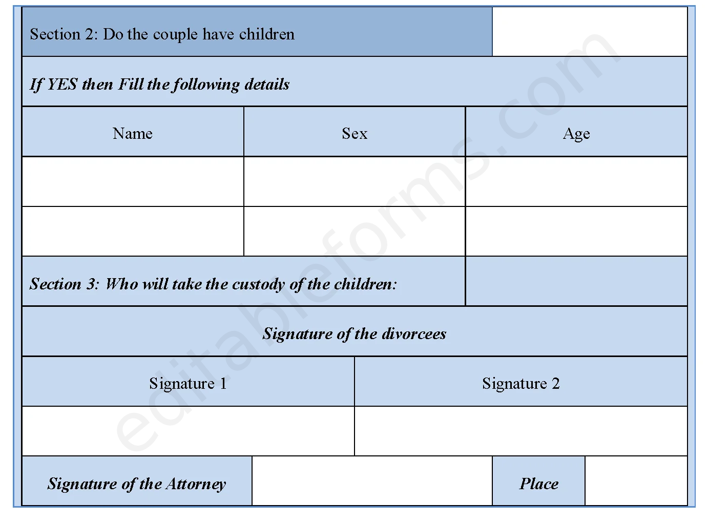 Online Divorce Fillable PDF Template