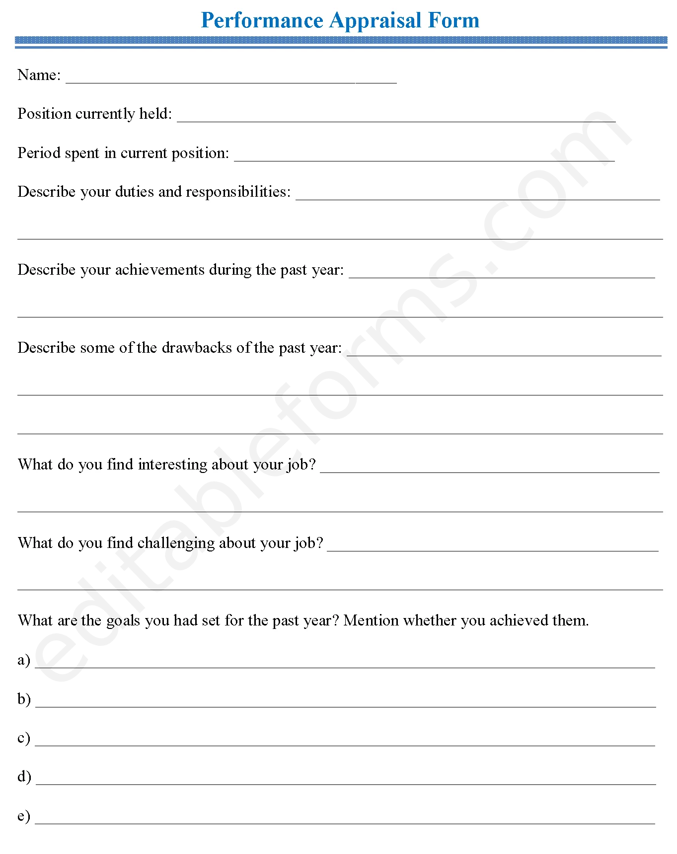 Performance Appraisal Fillable PDF Template