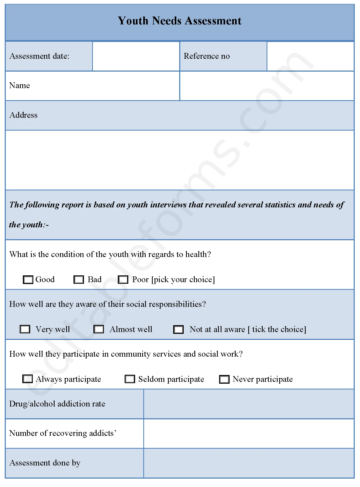 Youth Needs Assessment Fillable PDF Template