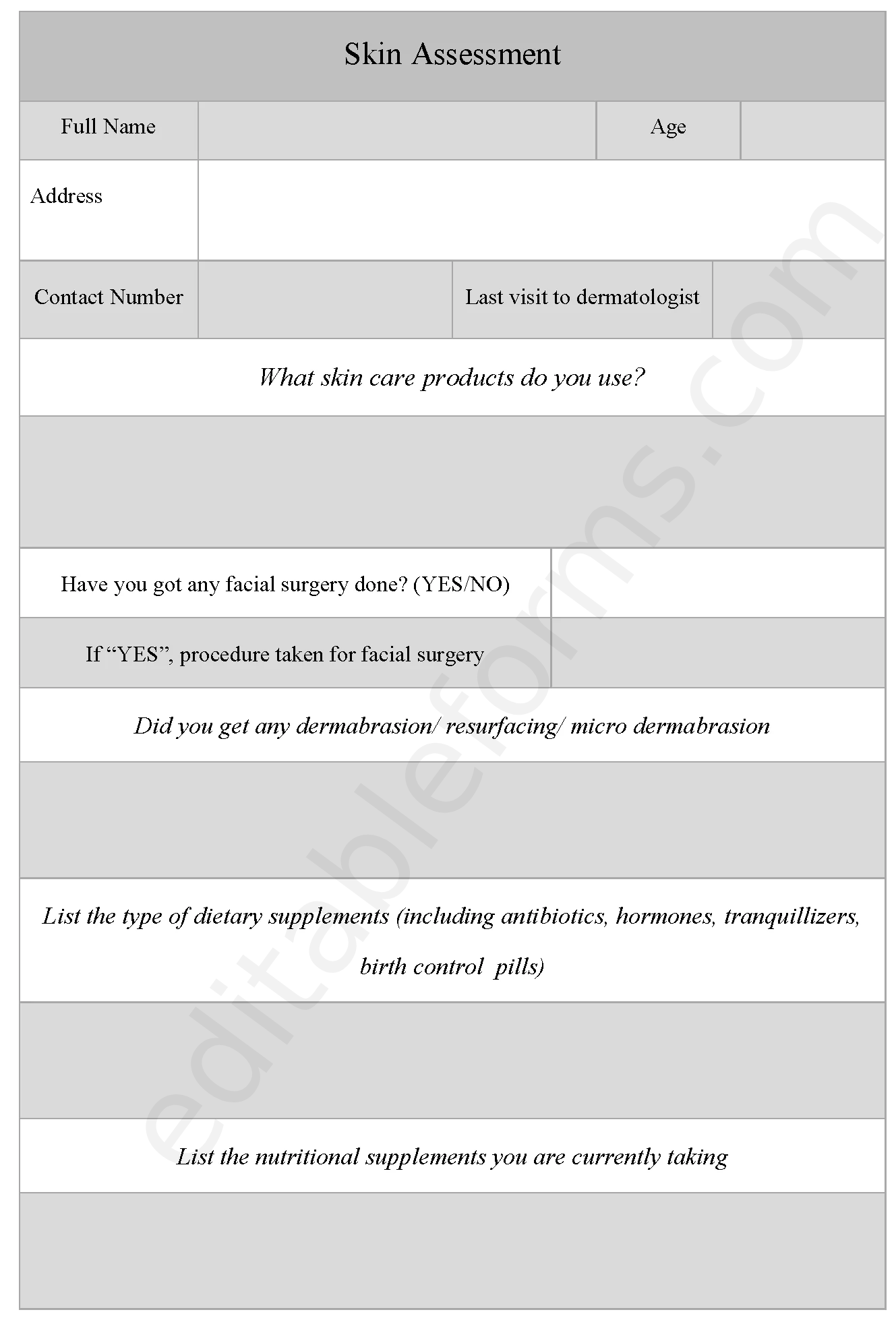 Skin Assessment Fillable PDF Template