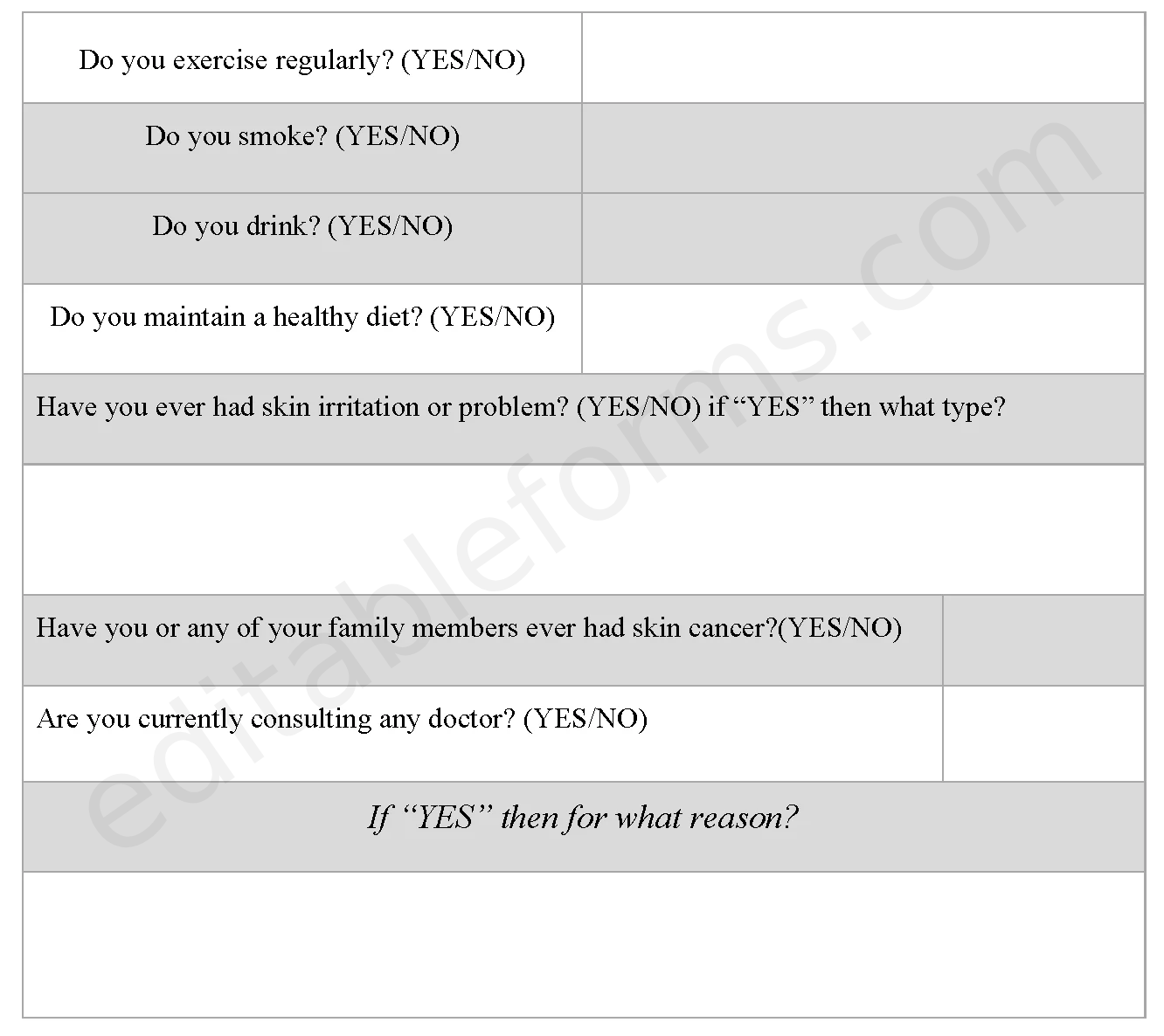 Skin Assessment Fillable PDF Template