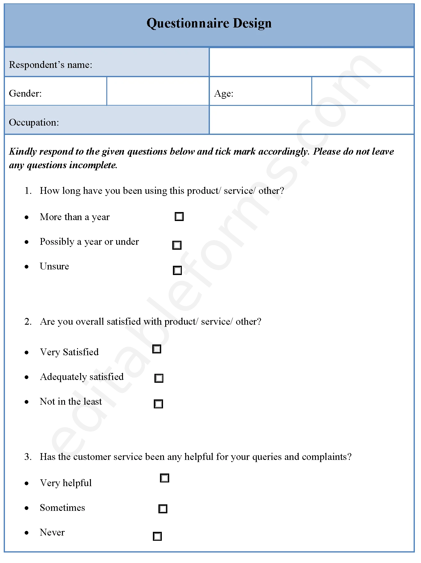 Questionnaire Design Fillable PDF Template