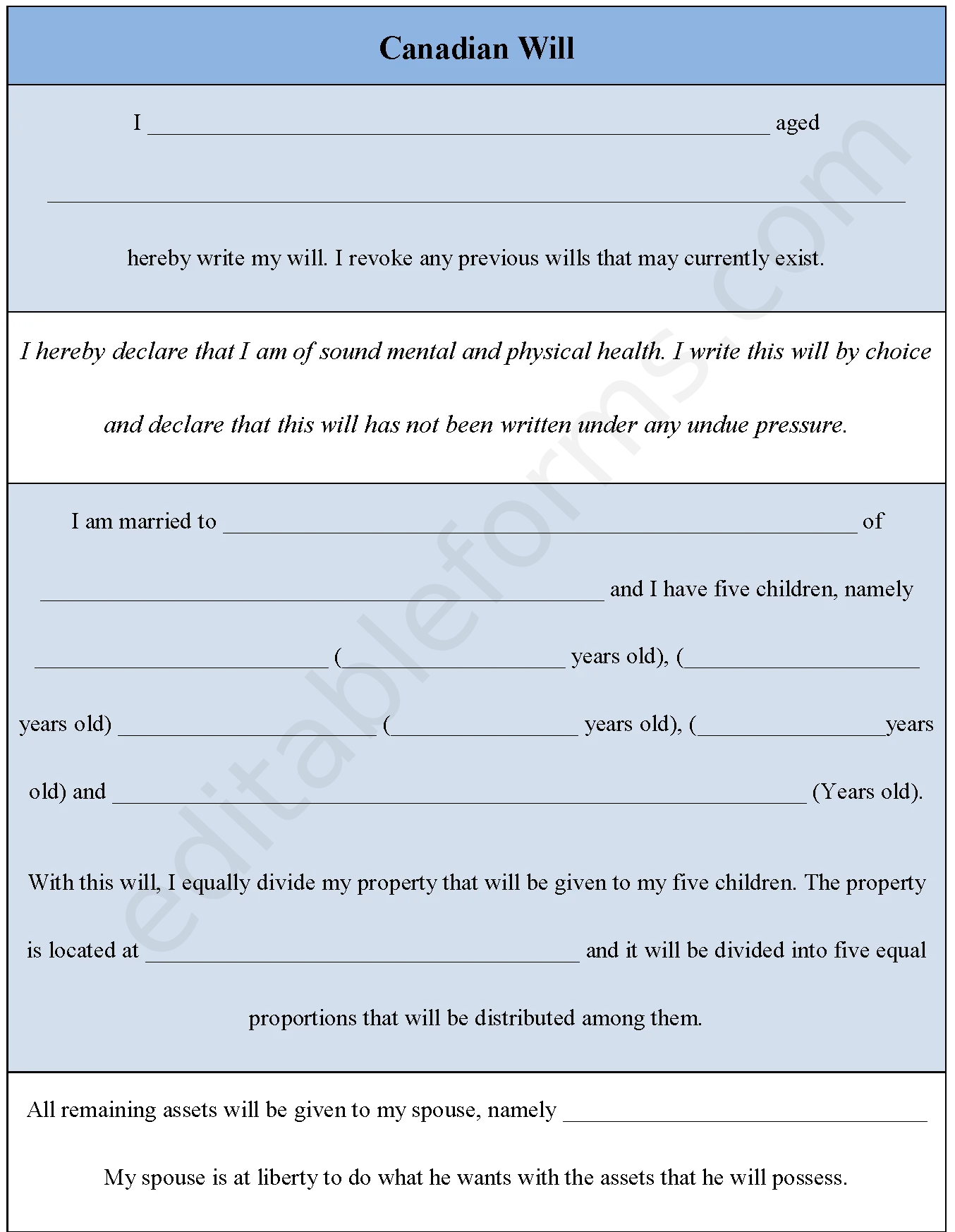 Canadian Will Fillable PDF Template