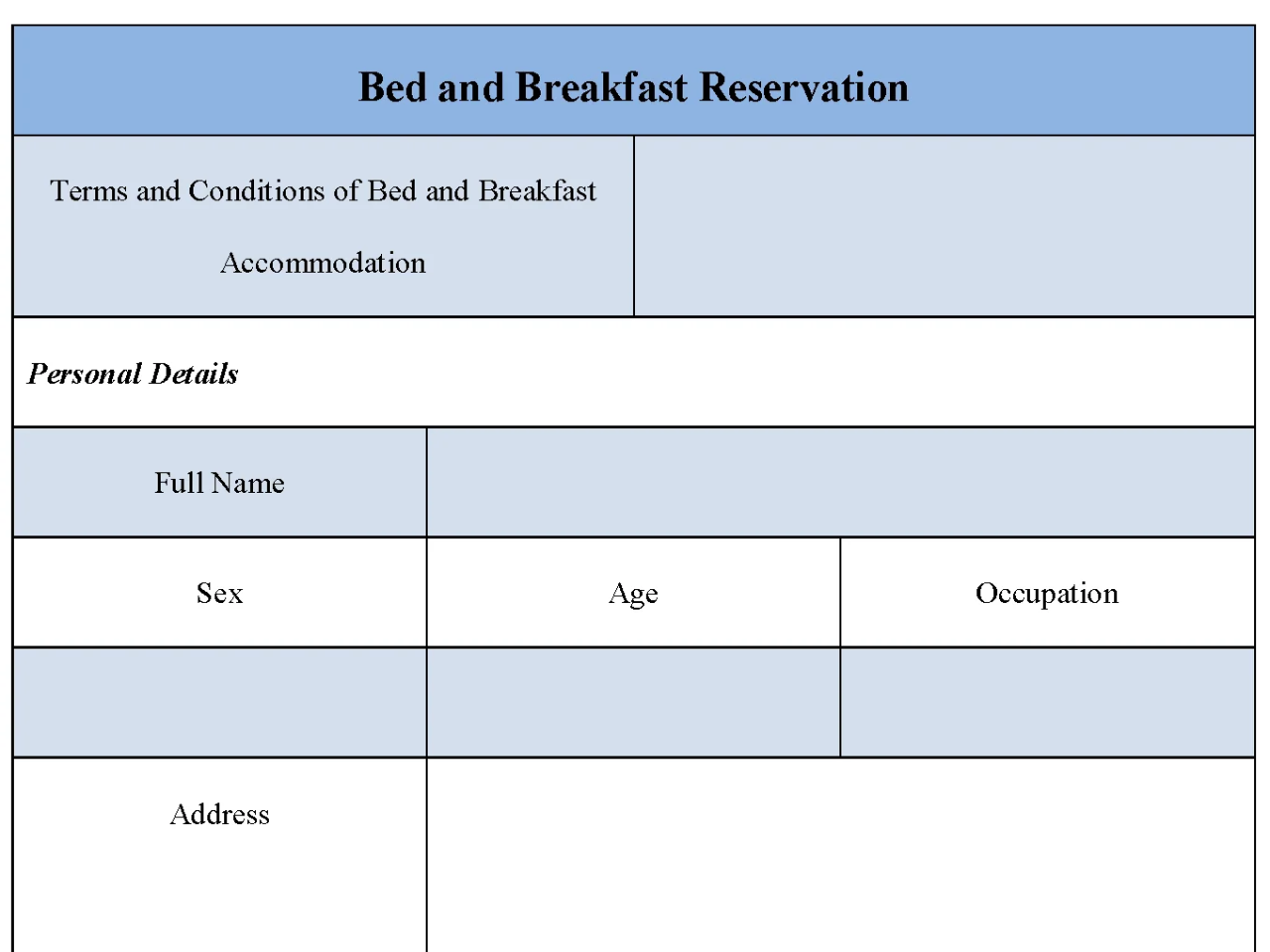 Bed And Breakfast Reservation Form