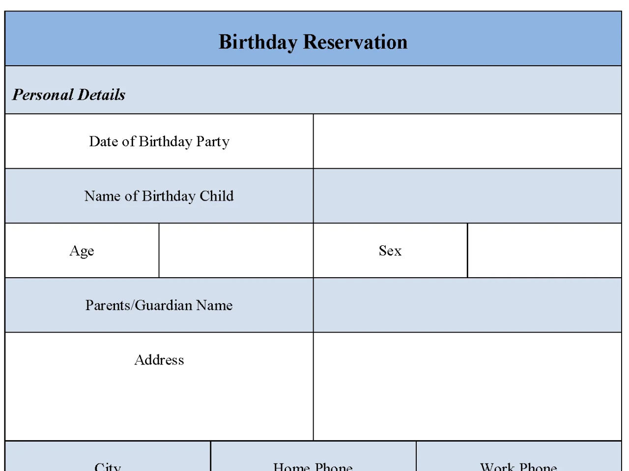 Birthday Party Reservation Form