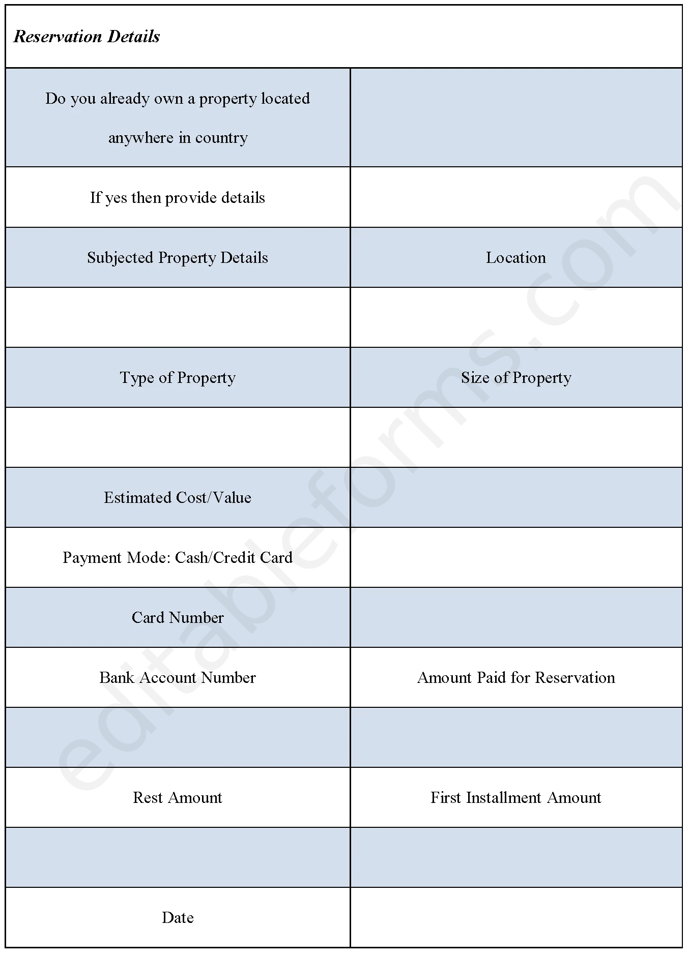 Property Reservation Fillable PDF Template