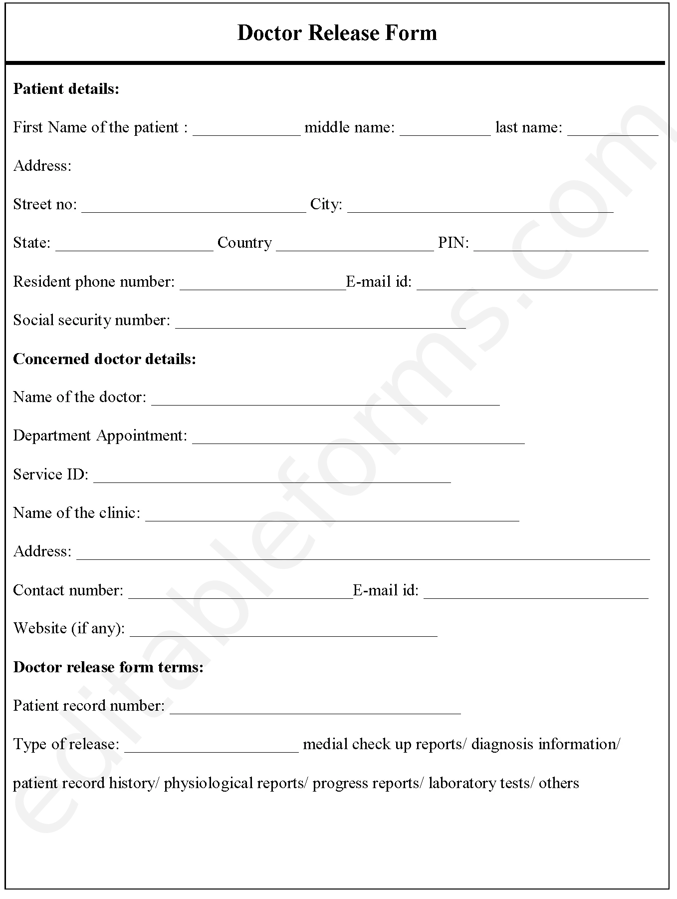 Doctor Release Fillable PDF Template