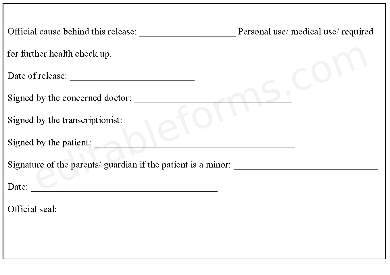 Doctor Release Fillable PDF Template