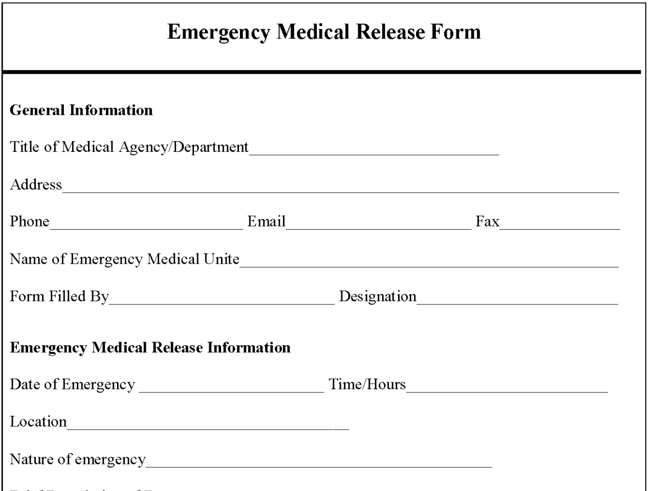 Emergency Medical Release Form