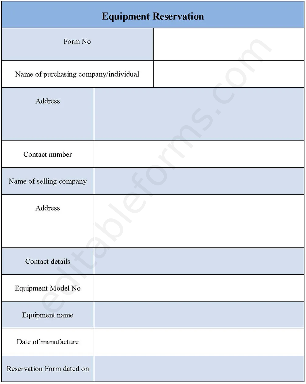 Equipment Reservation Fillable PDF Template