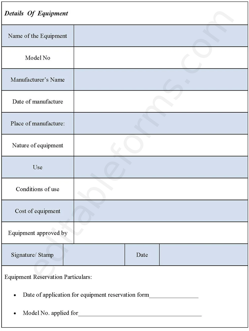 Equipment Reservation Fillable PDF Template