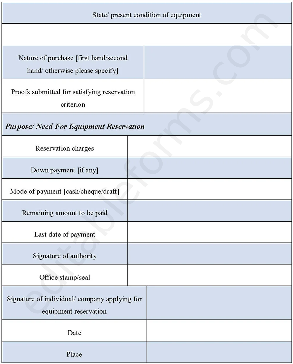 Equipment Reservation Fillable PDF Template