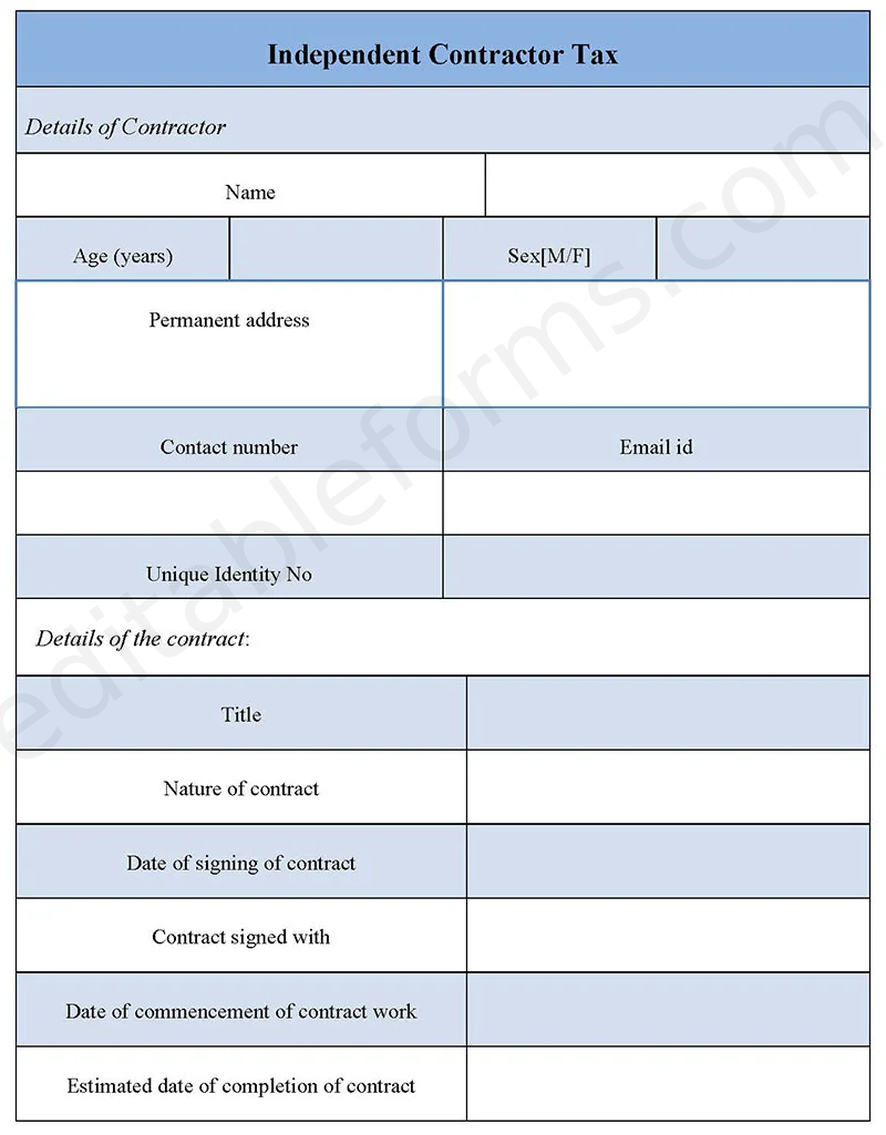 Independent Contractor Tax Fillable PDF Template