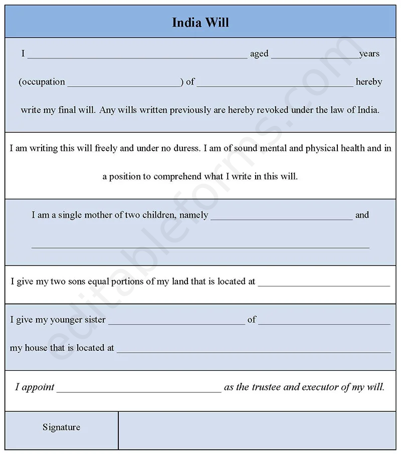 India Will Fillable PDF Template