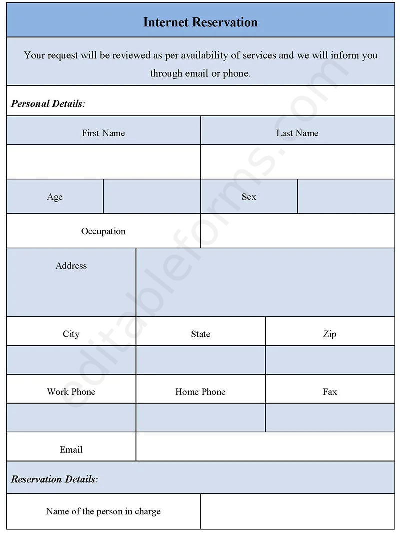 Internet Reservation Fillable PDF Template