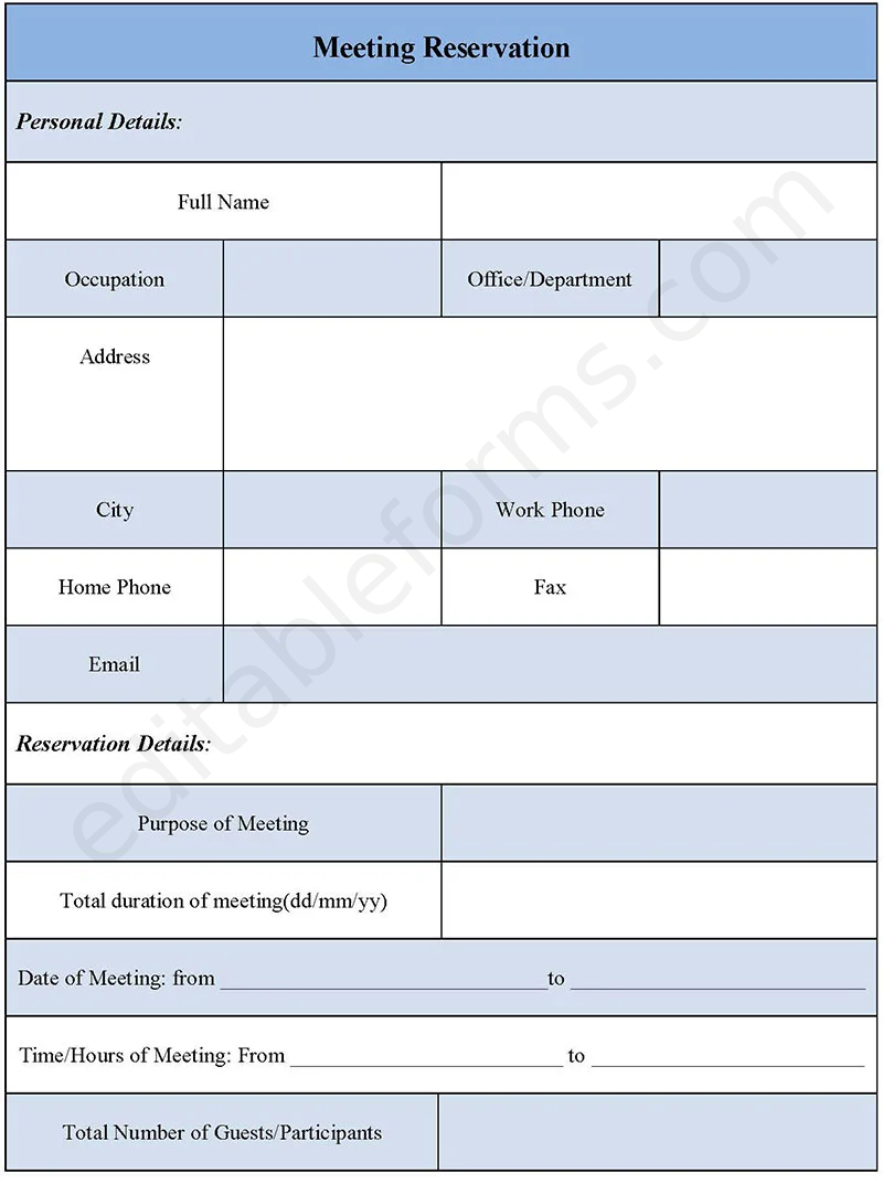 Meeting Reservation Fillable PDF Template
