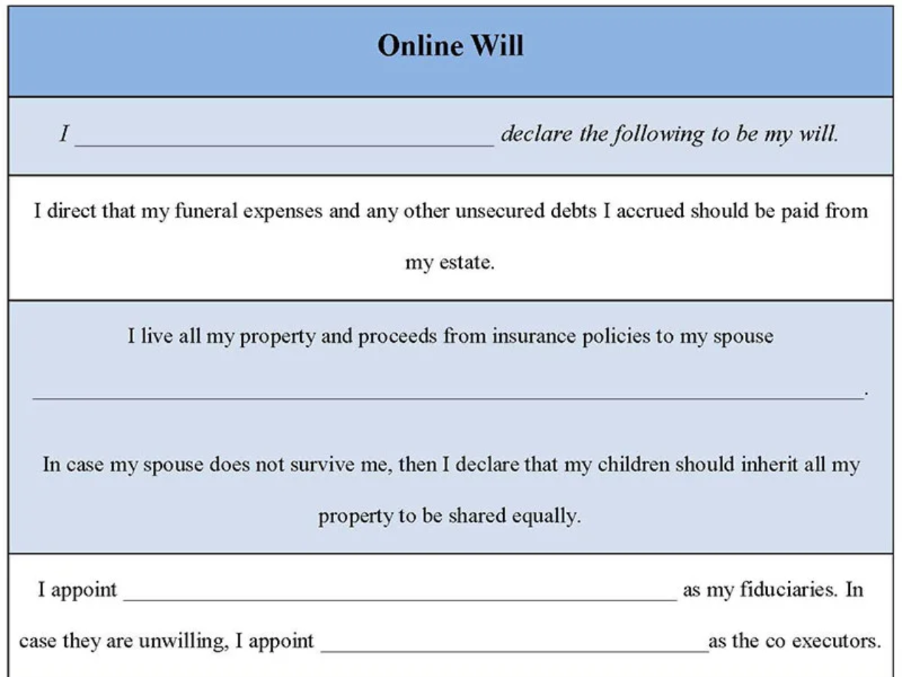 Online Will Fillable PDF Template