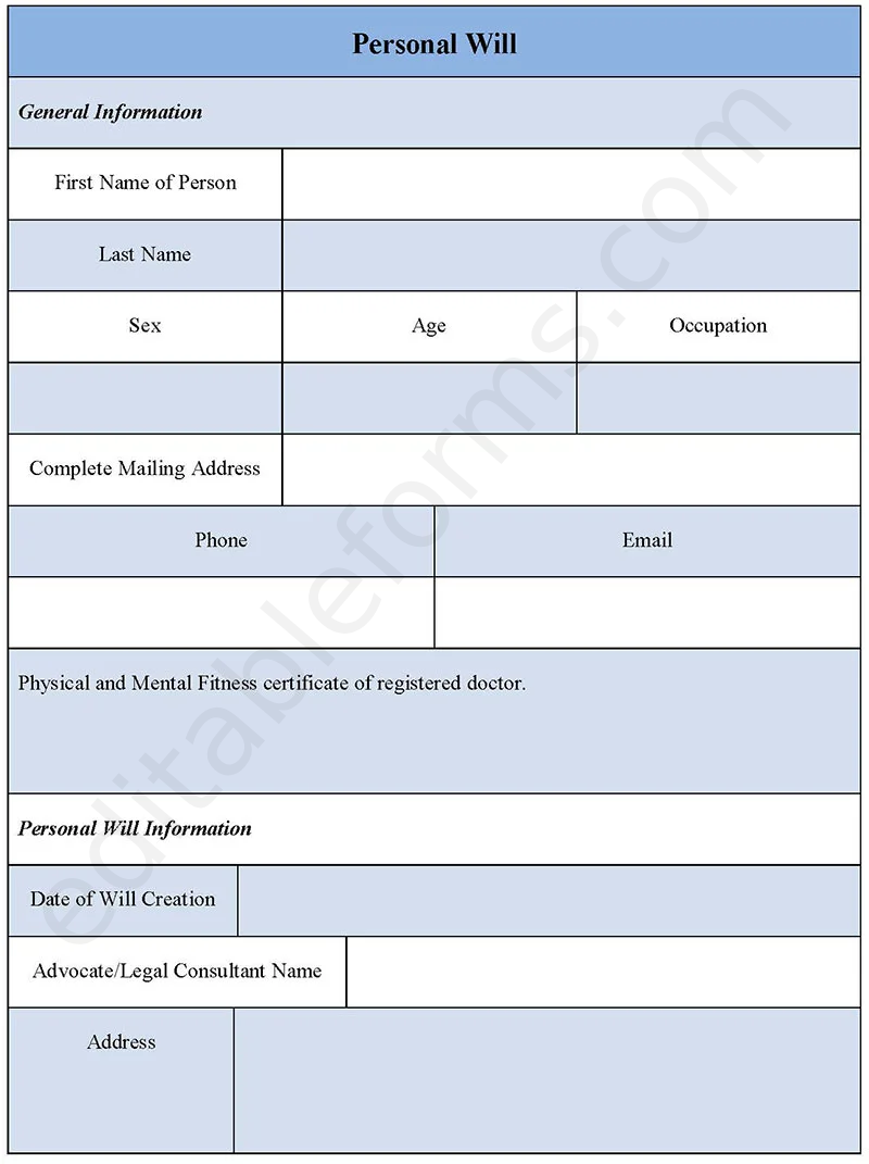 Personal Will Fillable PDF Template