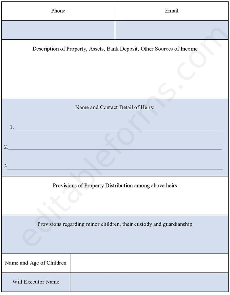 Personal Will Fillable PDF Template