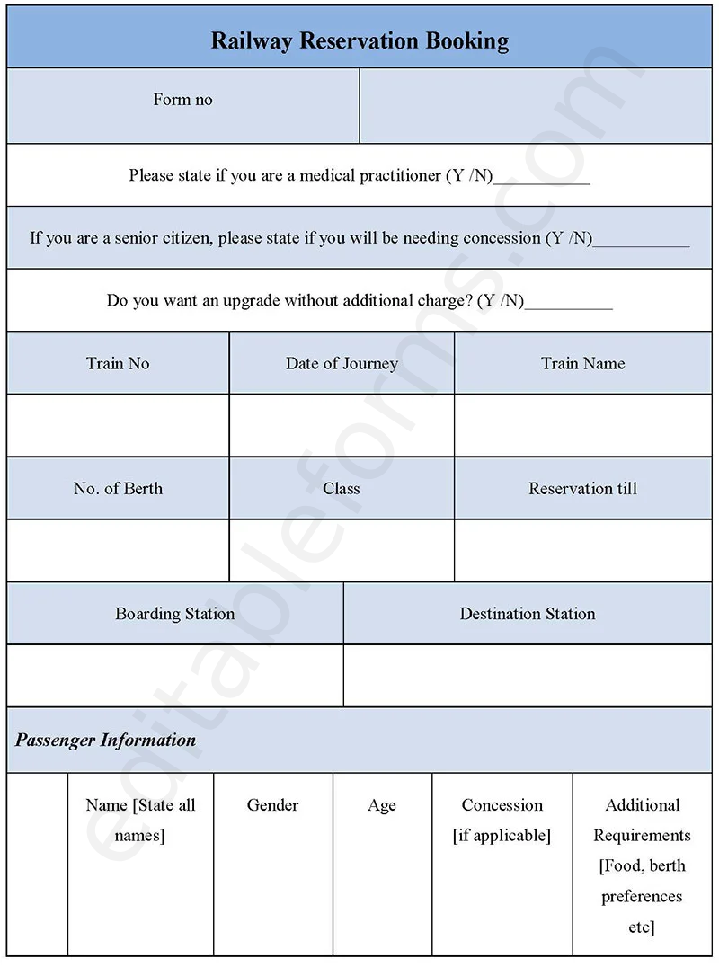 Railway Reservation Booking Fillable PDF Template