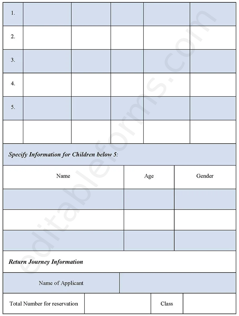 Railway Reservation Booking Fillable PDF Template