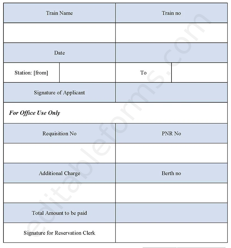 Railway Reservation Booking Fillable PDF Template