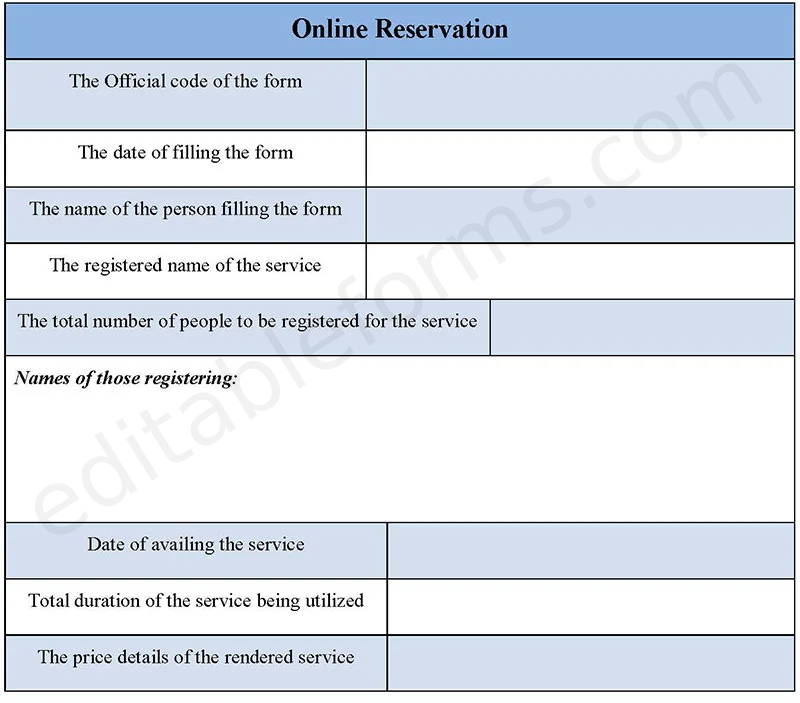 Online Reservation Fillable PDF Template
