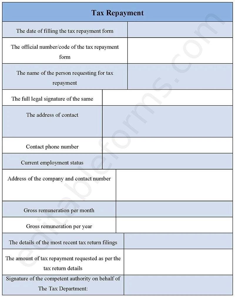 Tax Repayment Fillable PDF Template