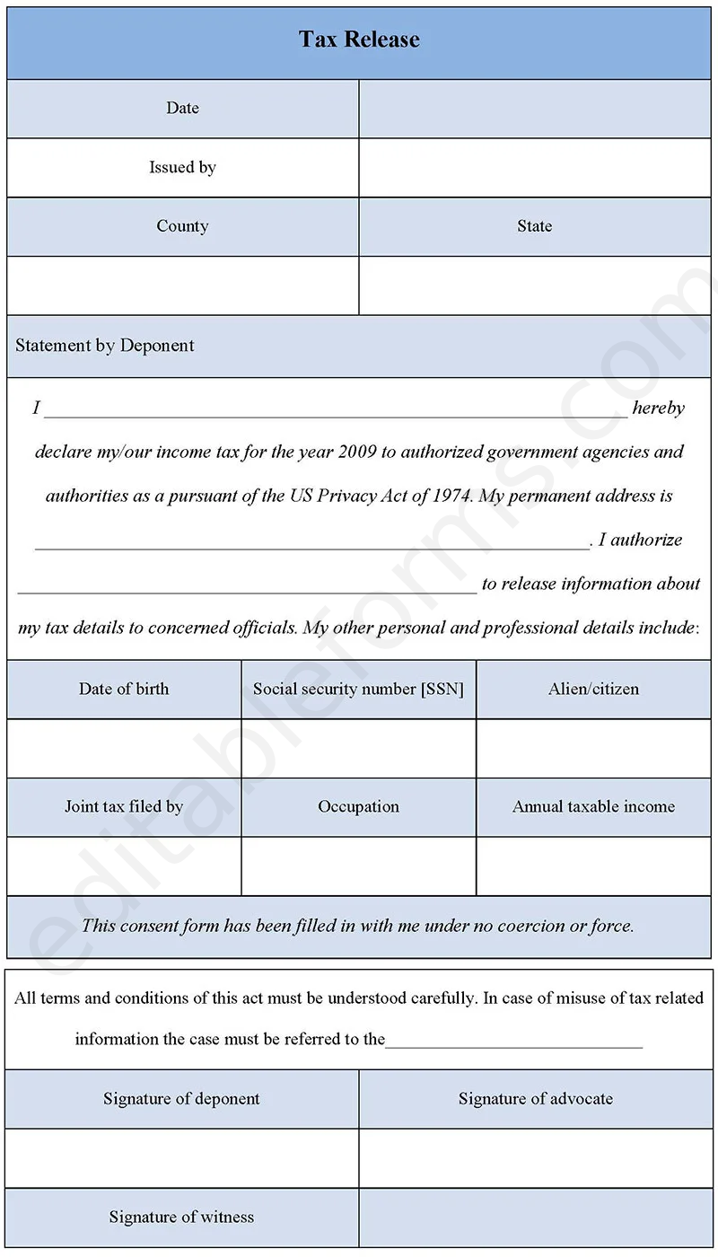 Tax Release Fillable PDF Template