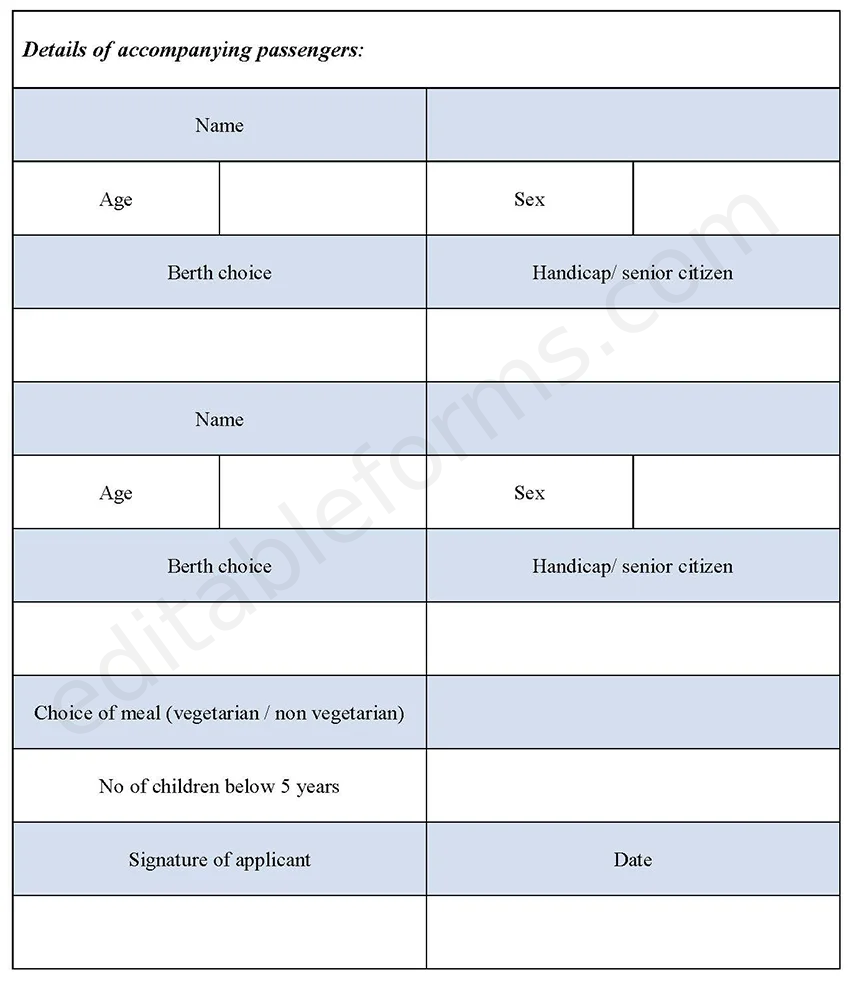 Train Reservation Fillable PDF Template