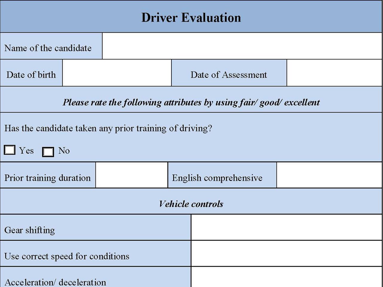 Driver Evaluation Form