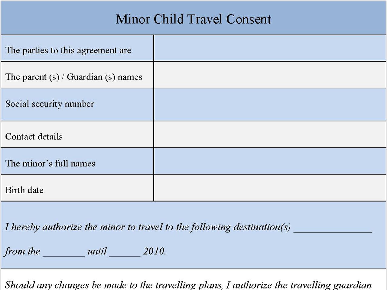 Minor Child Travel Consent Form