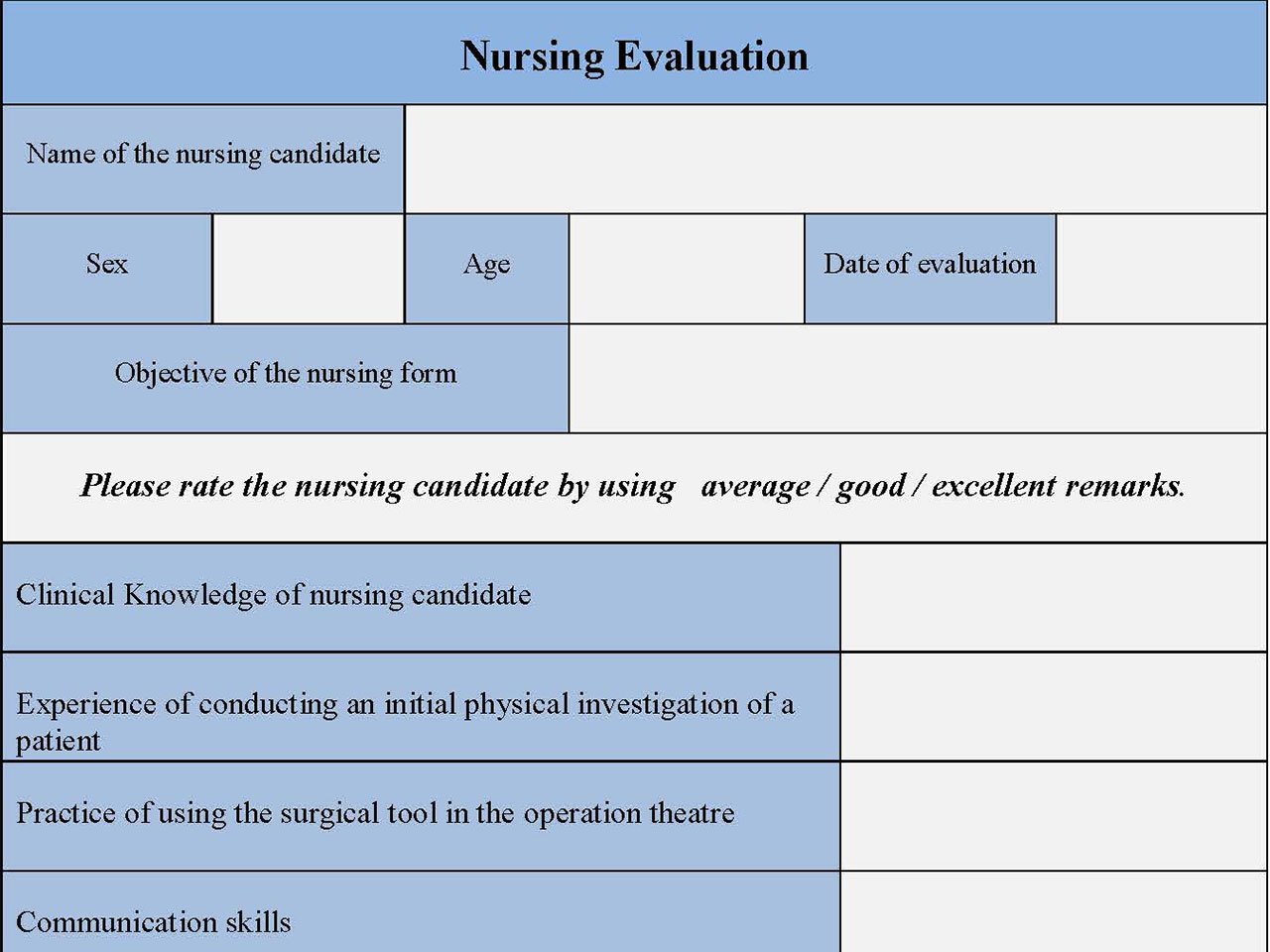 Nursing Evaluation Form