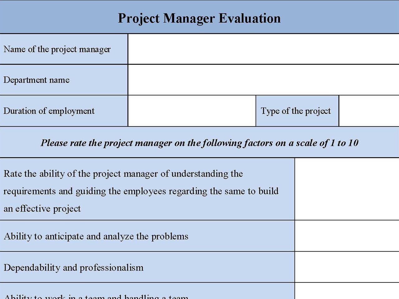 Project Manager Evaluation Form