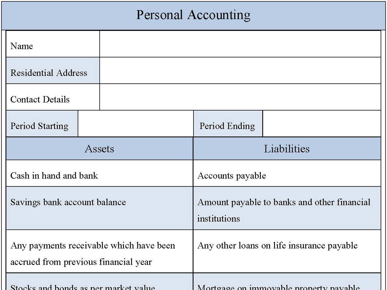 Personal Accounting Form