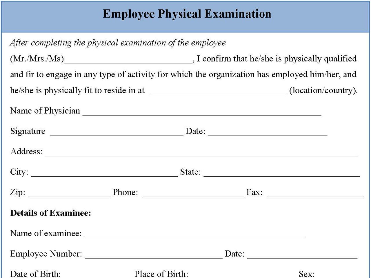 Employee Physical Examination Form