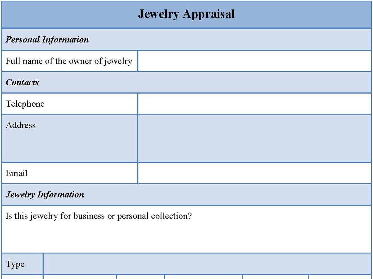 Jewelry Appraisal Form