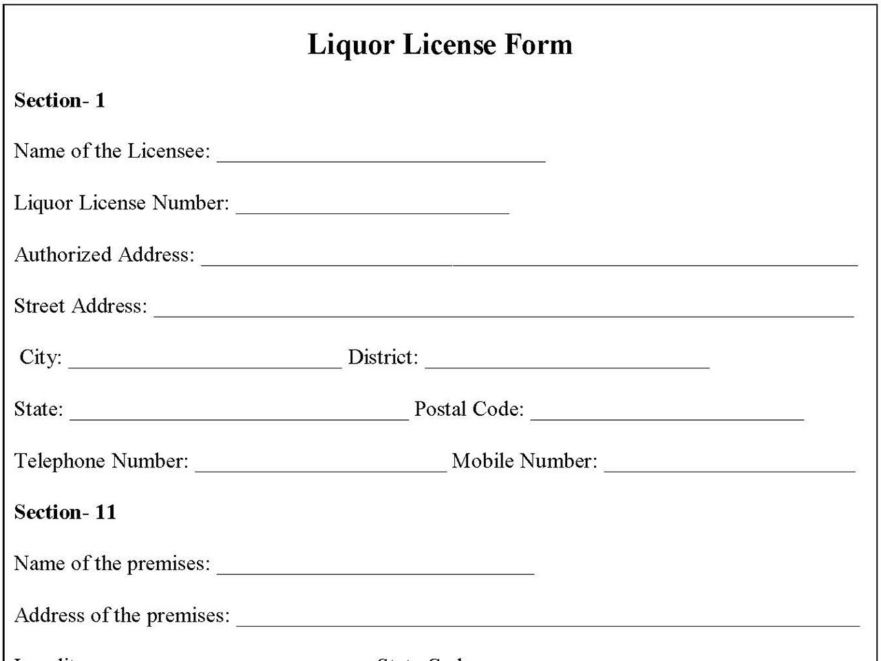 Liquor License Form