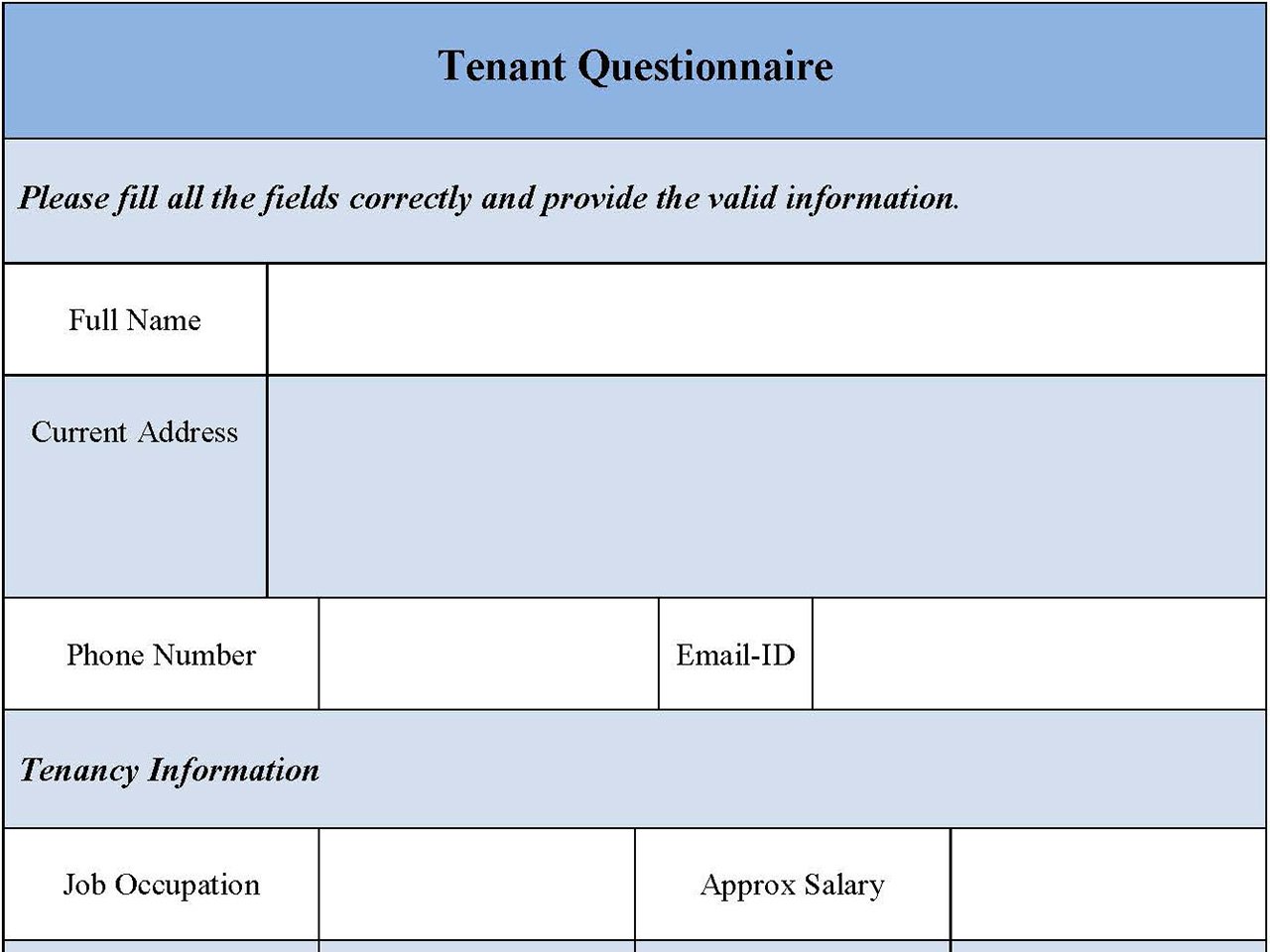 Tenant Questionnaire Form
