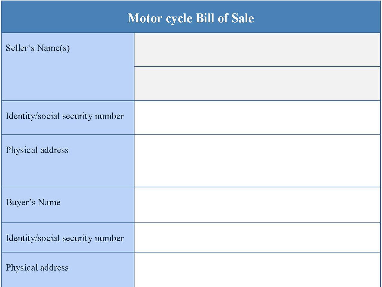 Motor cycle Bill Of Sale Form