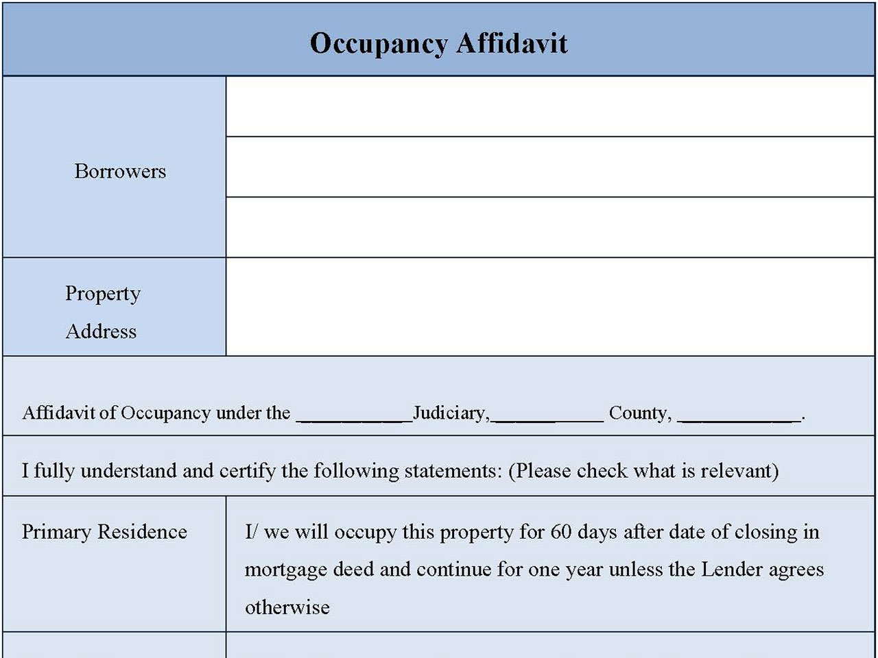 Occupancy Affidavit Form