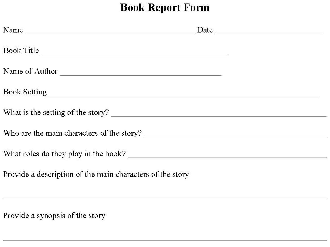 Printable Book Report Form