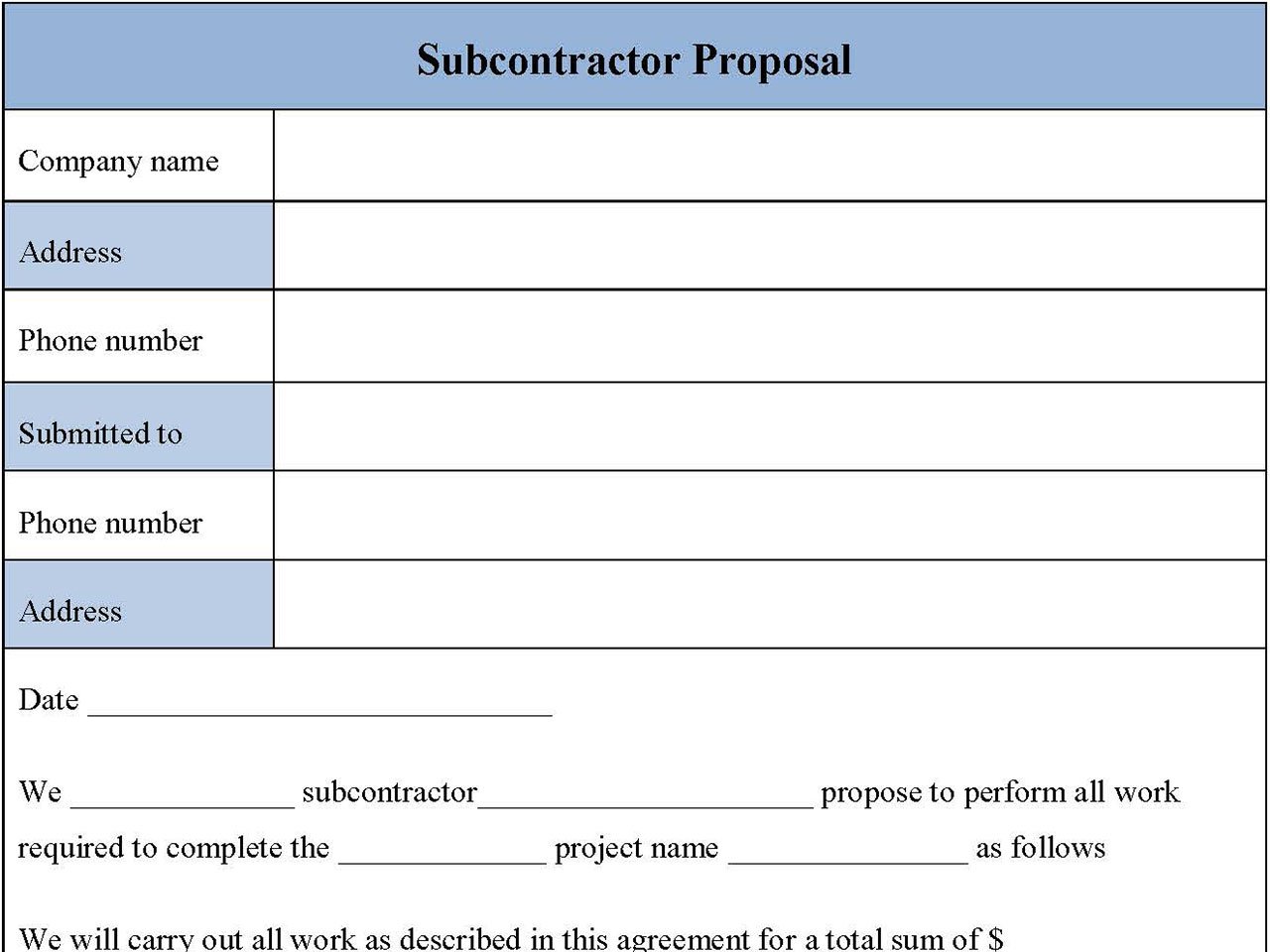 Subcontractor Proposal Form