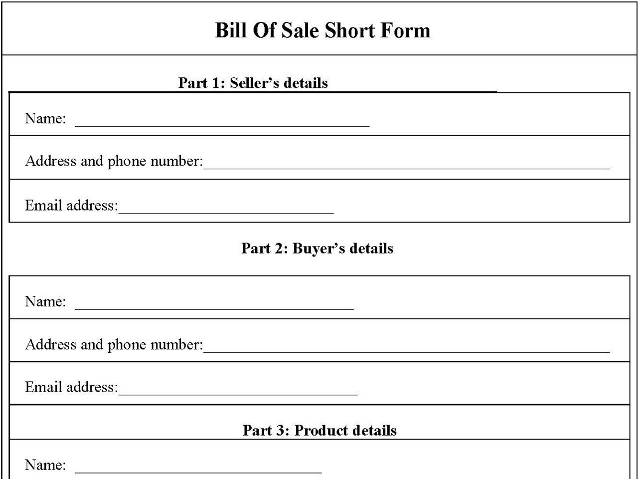 Bill Of Sale Short Form