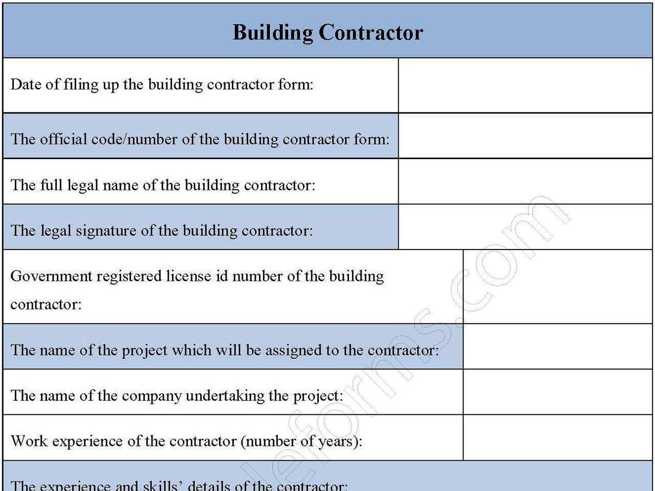 Building Contractor Form