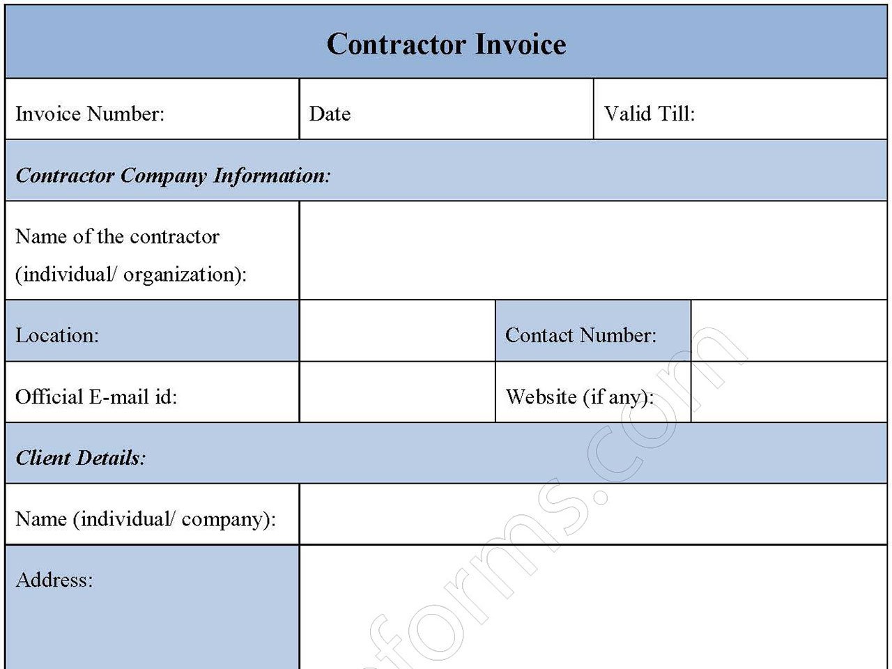 Contractors Invoice