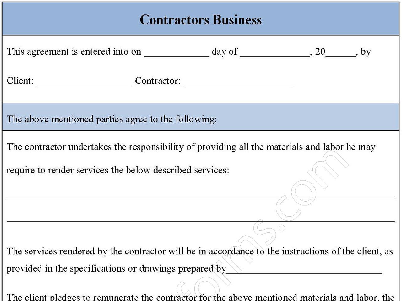 Contractors Business Form