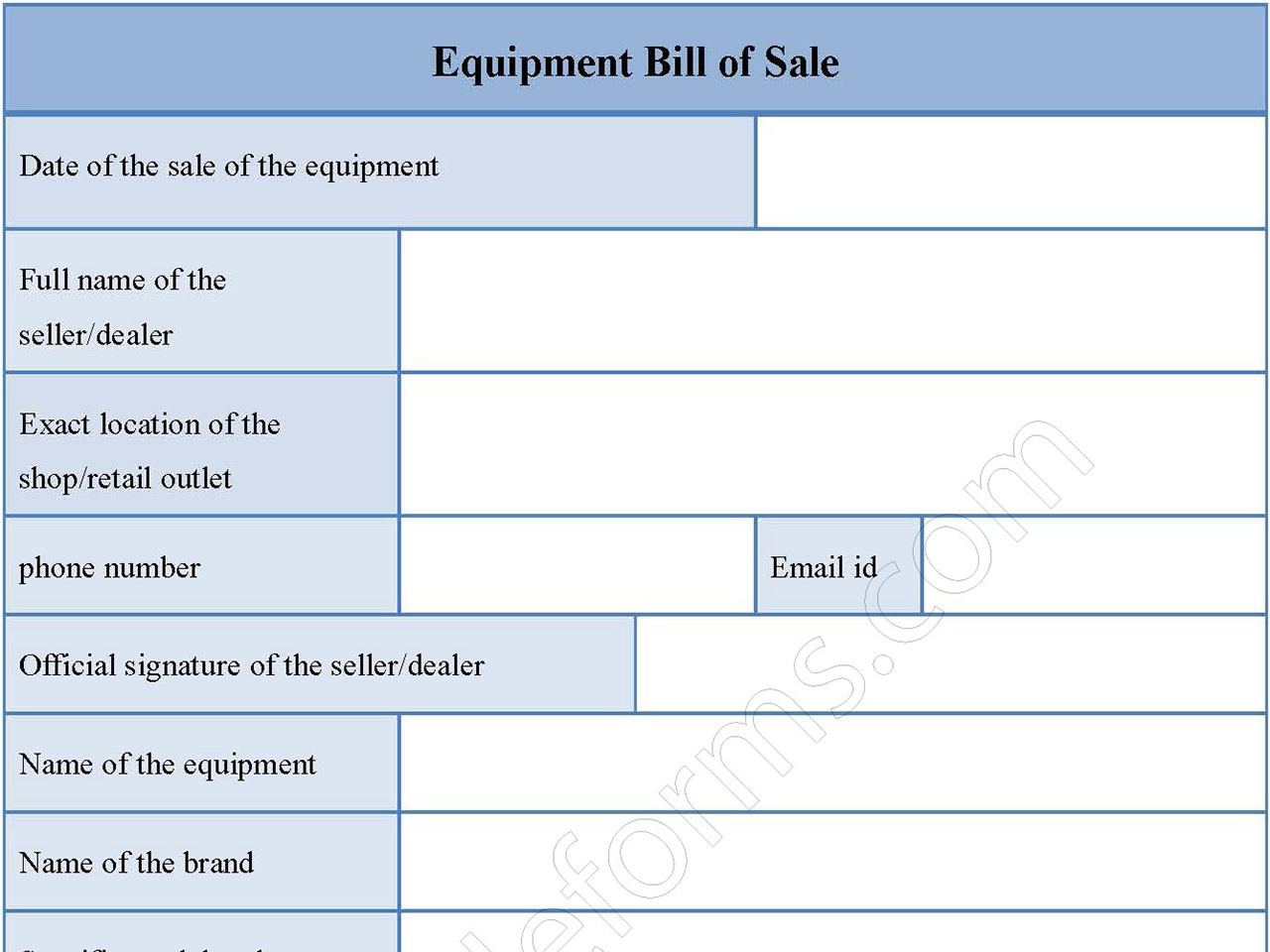 Equipment Bill Of Sale Fillable PDF Template